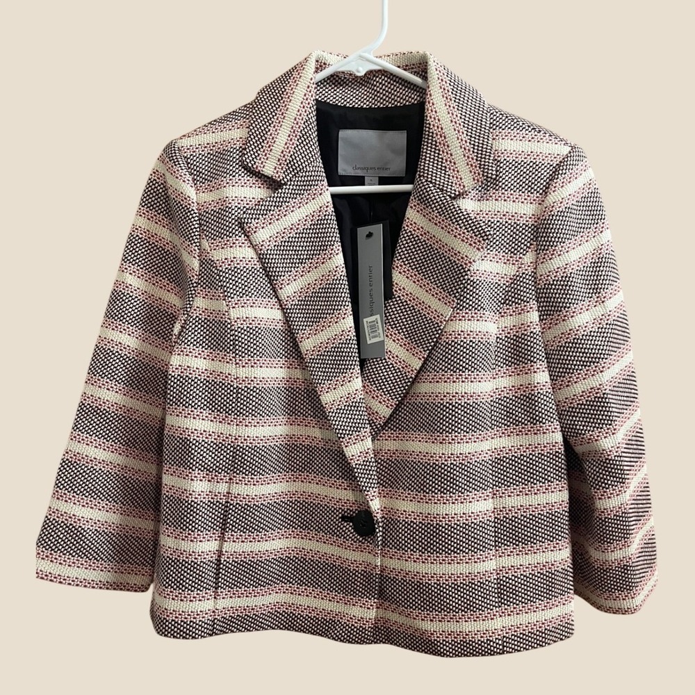 Classiques Entier Blazer Womens Small Red Natural Striped Cropped 3/4 Sleeve NEW